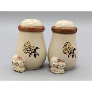 Vintage 3.25" Japan Ceramic Glazed Salt & Pepper Shakers Set Flowers Dogs Puppy